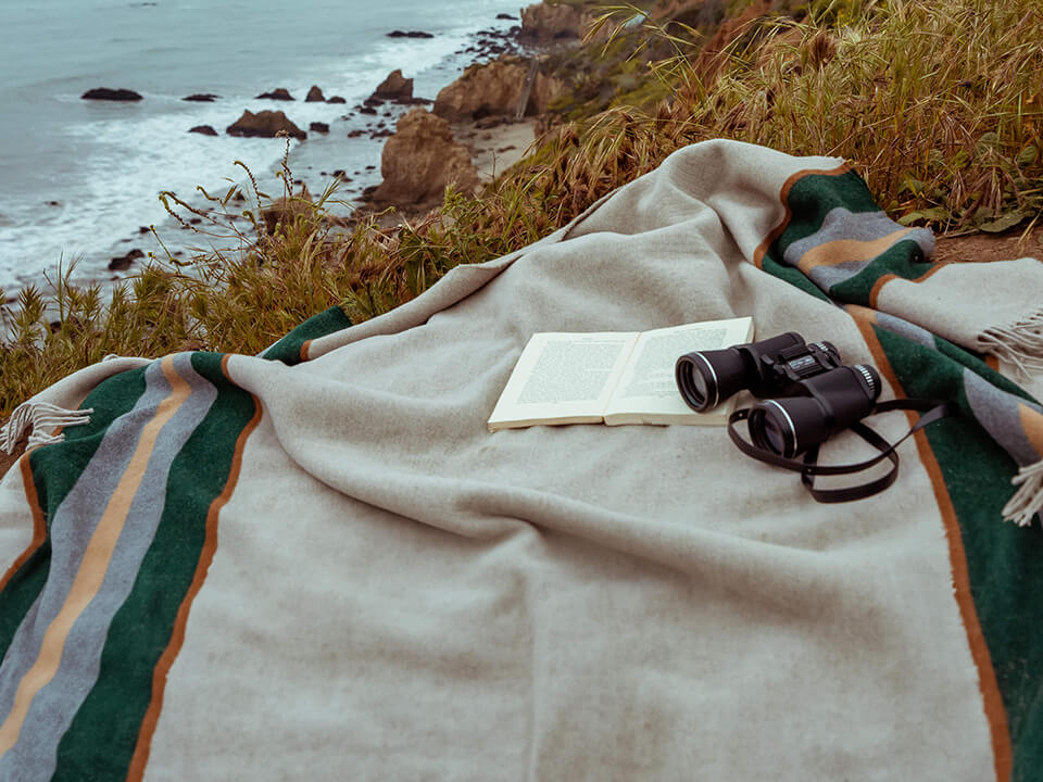  A blanket spread out on the ground, providing a cozy spot for relaxation or a picnic outdoors.