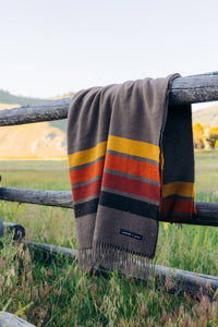A cozy blanket hanging on a fence in a beautiful field.